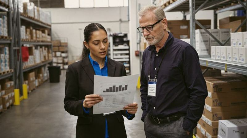 Gerentes revisando indicadores en un almacén
